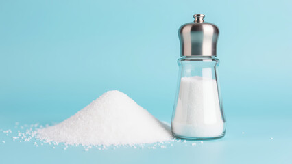 Salt shaker white salt kitchen ingredient seasoning culinary food preparation cooking tableware glass container blue background