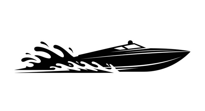 Black silhouette icon of a speedboat with splashes.