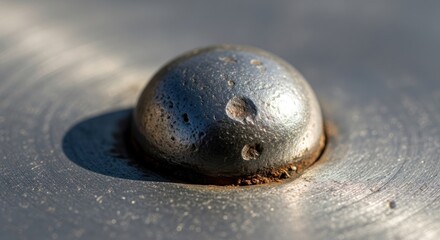 Metallic Dome Rivet Showing Wear on Textured Metal Surface