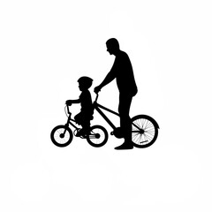 Obraz premium Father teaching son to ride a bicycle silhouette isolated on white background