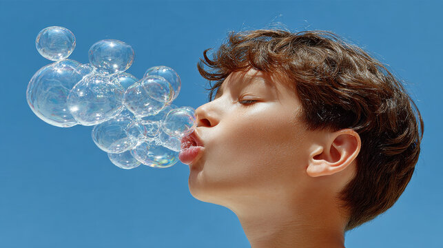 Boy blowing bubbles in park clear blue sky joyful expression summer outdoor activity close up childhood fun transparent bubbles natural light - Powered by Adobe