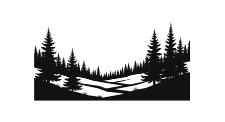 Obraz premium Black Silhouette Icon A wilderness forest landscape with uneven terrain and tall conifers