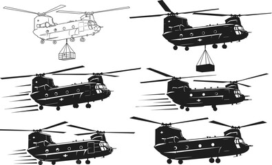 Military transport helicopter vector set with Chinook cargo airlift, flight movement, and aviation silhouette illustrations for defense, logistics, and aircraft design concepts © Hasem Creative