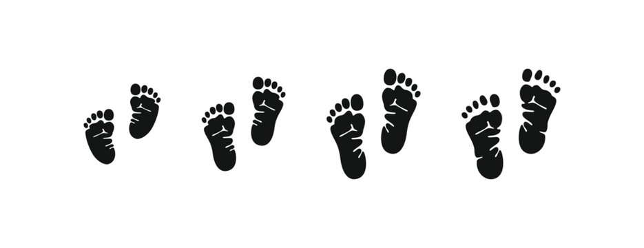 Vector illustration of footprint growth stages from baby to adult, black silhouette foot prints, family generation footstep design, evolution of human life, baby feet to old age track
