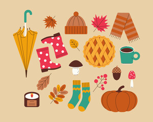 Set of autumn objects. Vector color image.