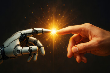 Robot finger touching human finger with bright orange energy spark and light rays connection