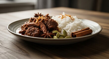 Fototapeta premium Delicious Plate of Aromatic Beef Stew with Rice and Rich Spices