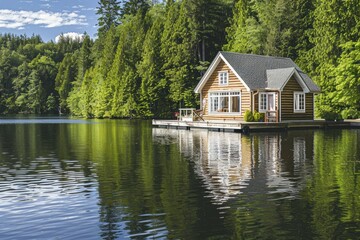 Fototapeta premium Charming log cabin getaway by a peaceful lake surrounded by vibrant forest and clear skies