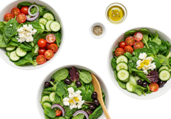Three vibrant green salads in white bowls with tomatoes, cucumber, olives, feta, olive oil, and wood tong, on a transparent background with soft studio light. Concept of gourmet healthy eating