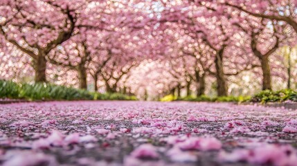 Naklejka premium Cherry blossom park in springtime with pink petals falling on the pathway, high-resolution seasonal photography capturing romantic natural scenery.