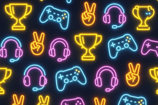 Seamless pattern of glowing neon gaming icons including trophies, controllers, headphones, and peace signs