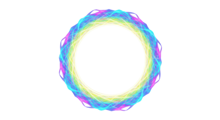 Abstract circular light portal with vibrant swirling electric blue, aqua, lime, yellow, pink, violet streaks, ethereal glow on transparent void, concept of digital transformation