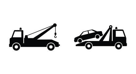 Naklejka premium Tow trucks with and without a car on the back in silhouette
