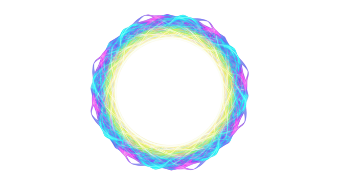 Abstract circular light portal with vibrant swirling electric blue, aqua, lime, yellow, pink, violet streaks, ethereal glow on transparent void, concept of digital transformation