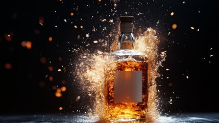 A bottle of whiskey with a blank label bursts with a golden splash of liquid and sparkling lights on a dark background.