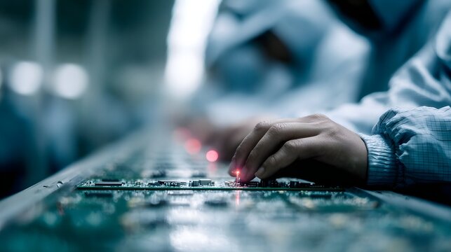 Worker assembling electronic circuit board in production line - Powered by Adobe