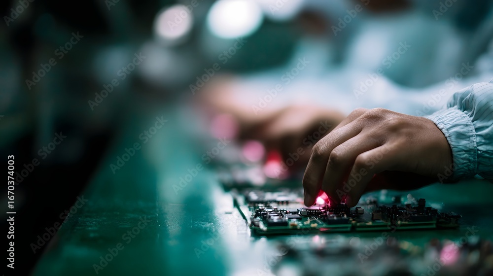 Poster electronics assembly line in tech industry factory