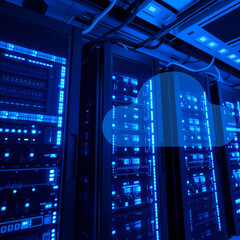 Obraz premium cloud computing solutions infrastructure hybrid. Data center filled with server racks, illuminated by blue lights, showcasing a modern technological environment.