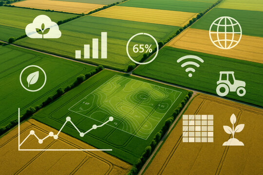 Smart farming concept with aerial view of fields and digital technology interface elements agriculture - Powered by Adobe