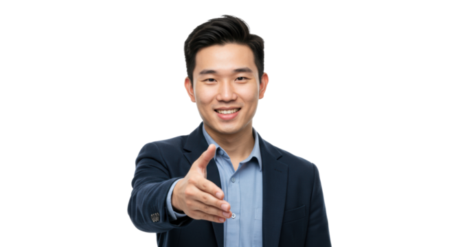 Young approachable asian man in smart casual suit, smiling, extending hand for handshake on transparent studio background, concept of business invitation.