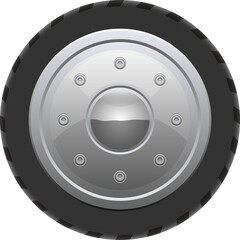 A stylized cartoon image of a tire and steel wheel with shiny metal hardware in dark setting.