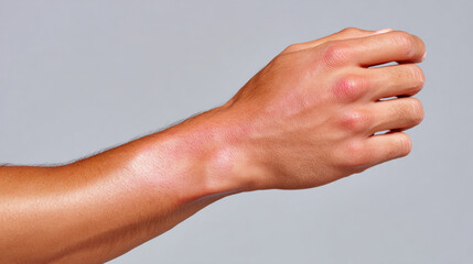 Close up of eczema rash on forearm with irritated red skin, swelling, and dryness, showing neutral background and natural lighting, evoking discomfort and concern