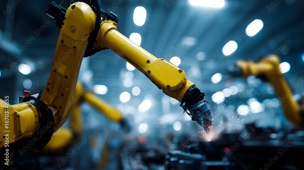 Poster robotic arms assembling car parts in an auto factory with precision engineering