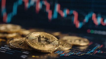 Gleaming bitcoin coins are presented against a backdrop of blurred dynamic financial market data
