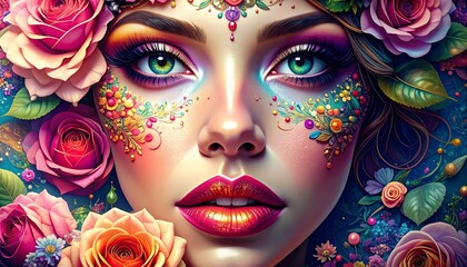 Glamorous Woman Adorned with Flowers and Colorful Makeup, Evoking Mystical Beauty