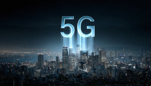 Glowing 5G symbol hovers above illuminated skyline at night, signifying technological advancements across cityscapes - Powered by Adobe