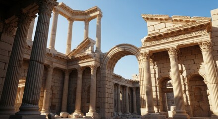 Fototapeta premium Ancient Roman Ruins with Tall Columns and Arches Under Clear Blue Sky