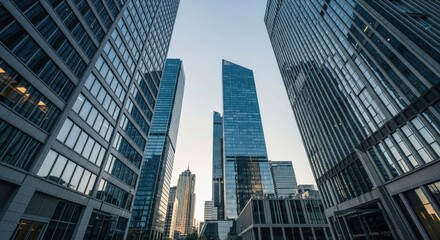 Obraz premium Reflective skyscraper business office buildings, bottom up view of big modern city urban landscape