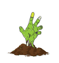 Vector illustration of a creepy green zombie hand rising from the ground, symbolizing horror, undead, and Halloween theme.