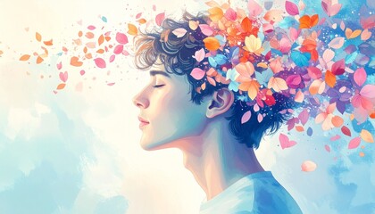 Embracing inner peace and vibrant imagination, a tranquil mind blossoms with an explosion of colorful ideas and creative energy, reflecting a beautiful journey of self-discovery and thought