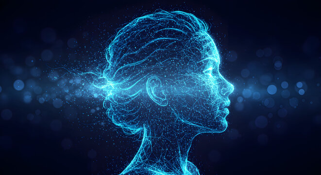 Glowing blue digital human head silhouette with abstract data streams - Powered by Adobe