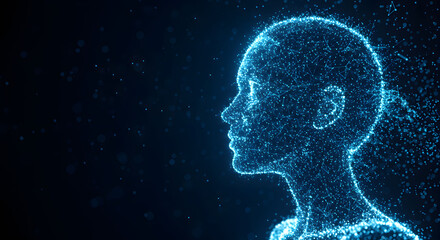 Abstract glowing blue digital human head profile on a dark background