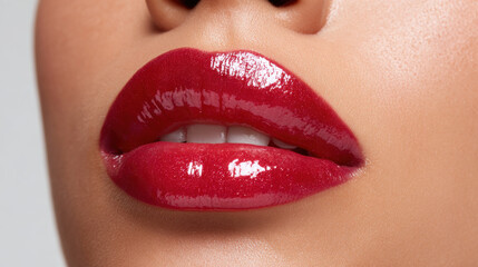 Obraz premium Glossy lipstick application on full lips, close up of smooth red lip makeup, shiny and vibrant, beauty and cosmetic concept, sensual and confident expression