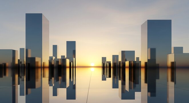 A futuristic, minimalist city skyline reflected in calm water at sunset. Concept of modern architecture, urban development, and corporate business.