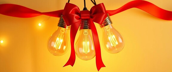 Smart LED bulbs with red bow, Christmas gift concept, lights, winter