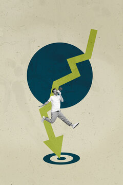 Collage with person observing rising arrow symbolizing startup growth business income statistics trading decrease increase
