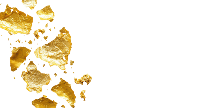 Shimmering metallic gold leaf and fine flakes with varied textures on a transparent background, flat lay composition for luxury advertising concept