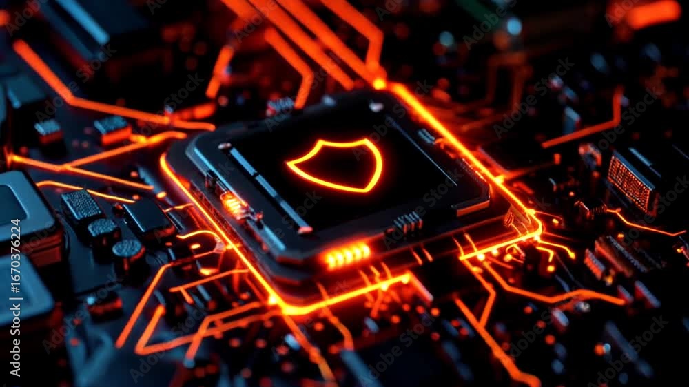 Poster high-tech circuit board with shield symbol representing cyber security