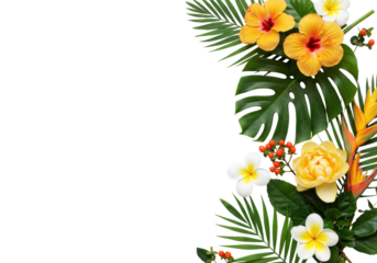 Photorealistic top-down flat lay of vibrant orange hibiscus, white plumeria, green monstera, palm frond, red berries on a transparent background with copy space, tropical wellness concept