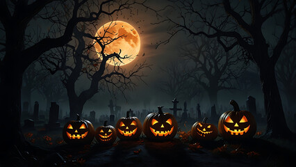 Fototapeta premium Glowing Jack-o'-Lanterns in Haunted Graveyard Under Full Orange Moon on Halloween Night