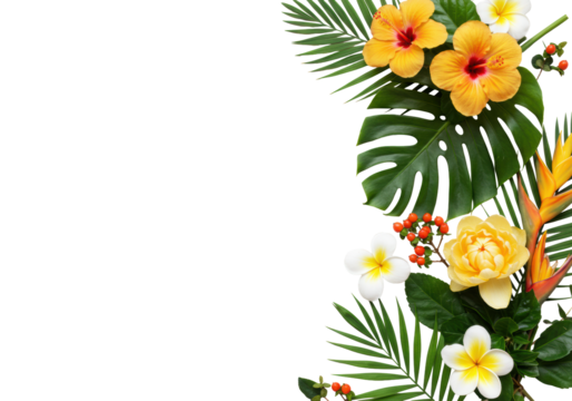 Photorealistic top-down flat lay of vibrant orange hibiscus, white plumeria, green monstera, palm frond, red berries on a transparent background with copy space, tropical wellness concept