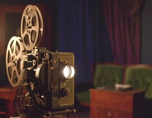 Vintage movie projector in a dimly lit room