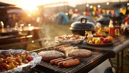 Grilled meat and vegetables sizzle on outdoor grill at sunset during a camping adventure
