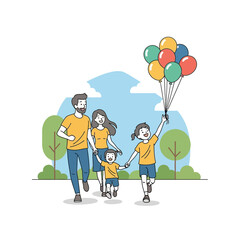 Family enjoying a day outdoors with colorful balloons.