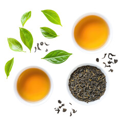 Isolated Oolong Tea in Bowls with Green Leaves and Loose Tea on Transparent Background