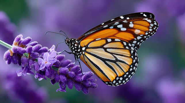 Monarch butterfly perched on vibrant lavender flower, displaying detailed orange and black wings, delicate pattern, and natural beauty in purple floral garden background
